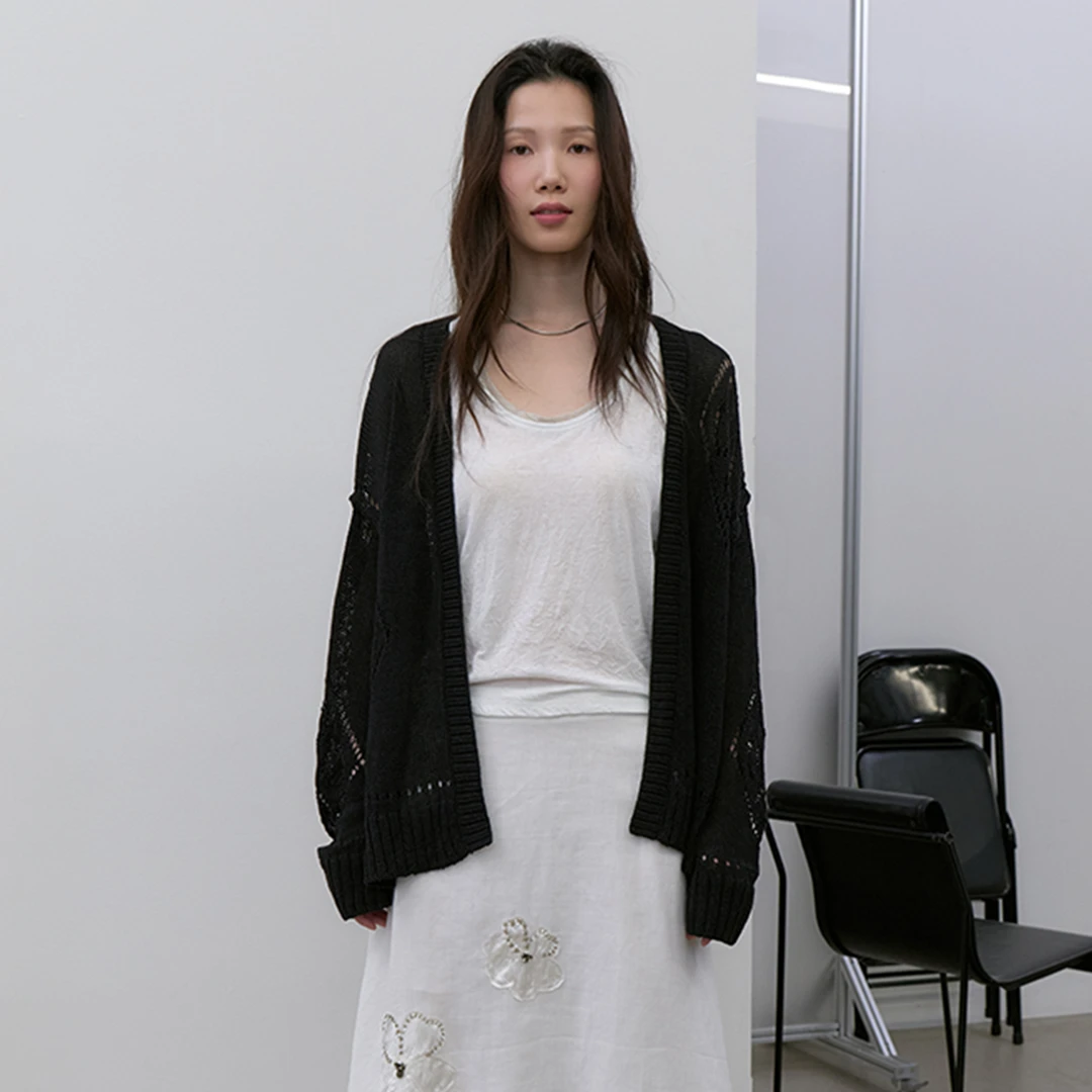 sagestudio 黑色进口蕉麻纸纱镂空宽松针织开衫