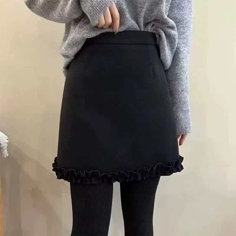 韩系高级木耳边毛呢短裙秋冬百搭显瘦半身裙#6612
