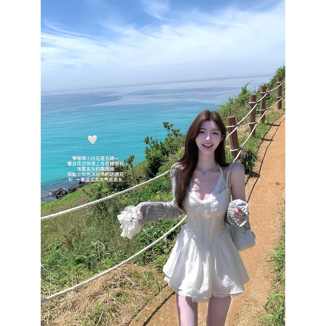 白水女 巨美蕾丝裙 假两件V领花边白色连衣裙女修身纯欲B50651363