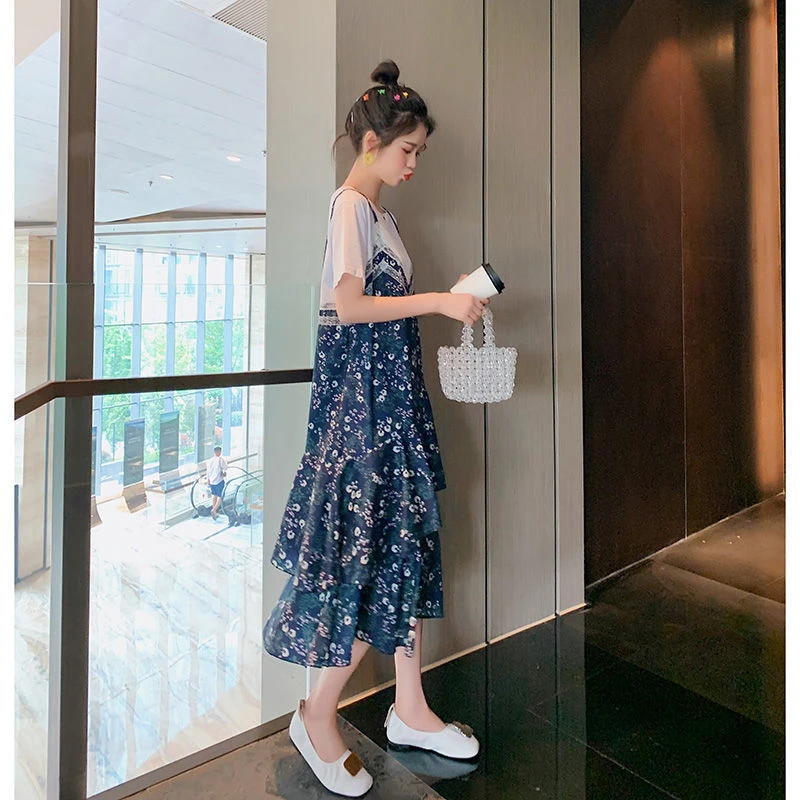 哺乳连衣裙夏季外出大码雪纺碎花假两件辣妈遮肚宽松显瘦喂奶衣服