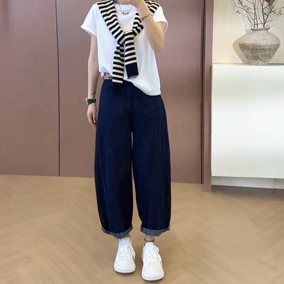 欧货复古卷边阔腿裤女夏季新款洋气高腰宽松显瘦百搭九分哈伦裤子