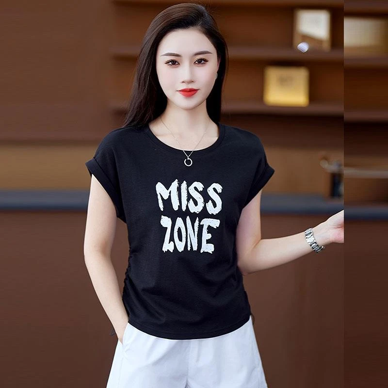 字母短袖T恤女宽松韩版设计感抽绳2025夏季薄款休闲百搭短款体恤