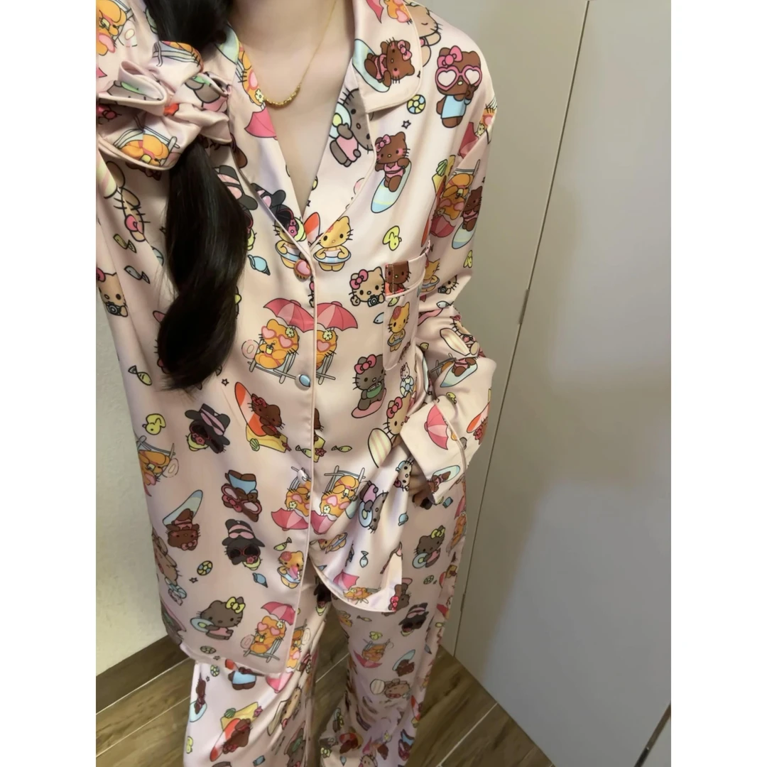 黑皮kt猫冰丝睡衣女款秋季2025新款大码长袖长裤家居服套装可外穿