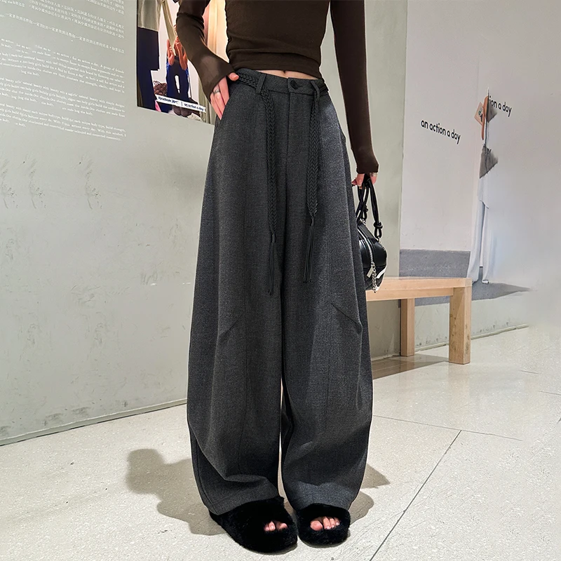 毛呢裤女秋季2025新款高腰宽松西装阔腿裤直筒休闲弯刀裤拖地裤子