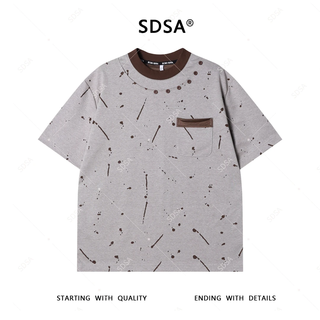 夏季高级感新款男士韩系撞色纽扣撞色短袖T恤磨破口袋设计上衣潮