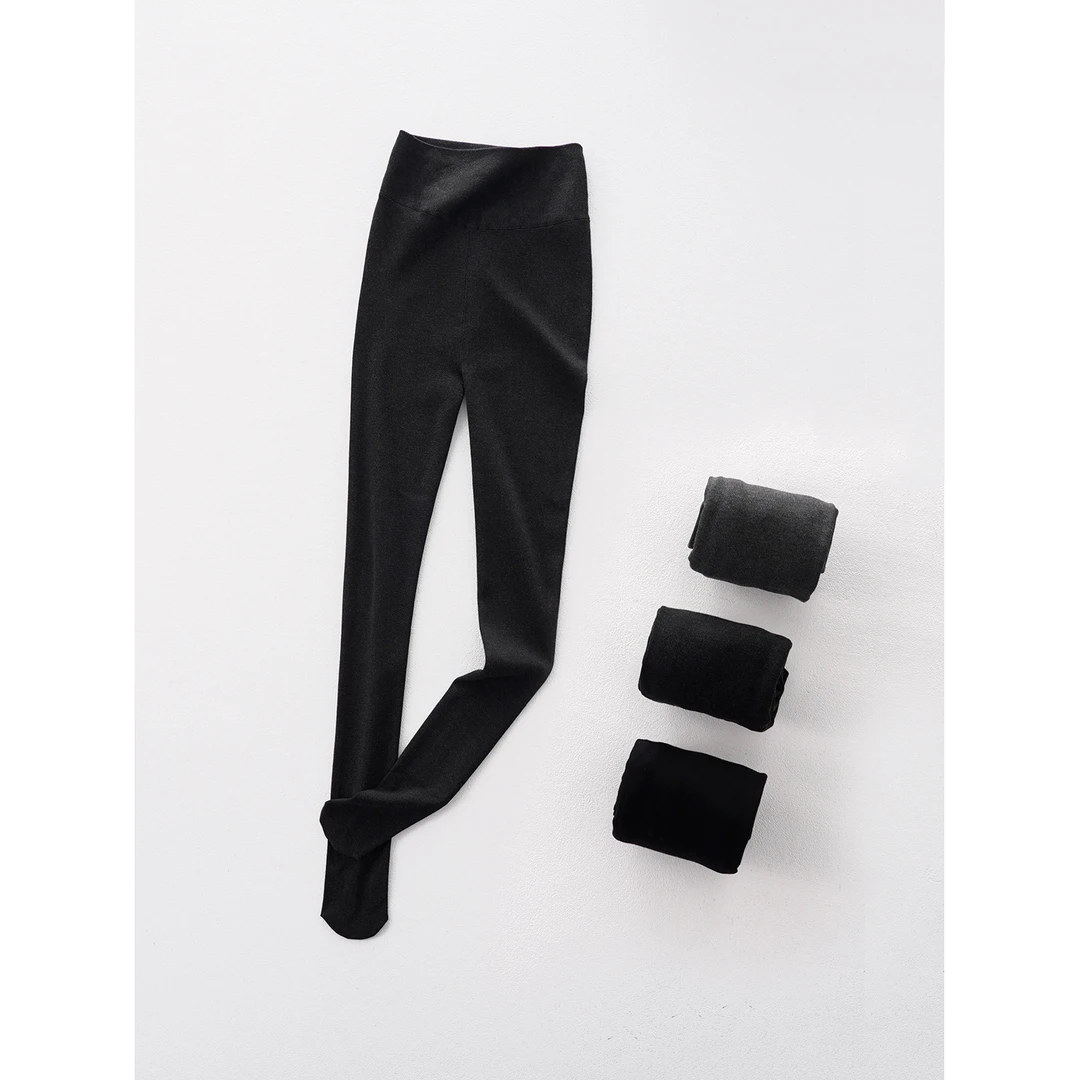 60支华孚精梳长绒棉 内里薄绒 黑灰色女高腰保暖打底连裤袜141100