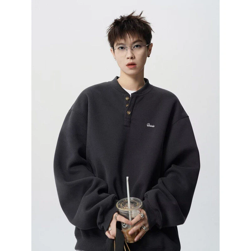 美式潮牌刺绣亨利领卫衣男春季宽松休闲套头cleanfit套头长袖上衣