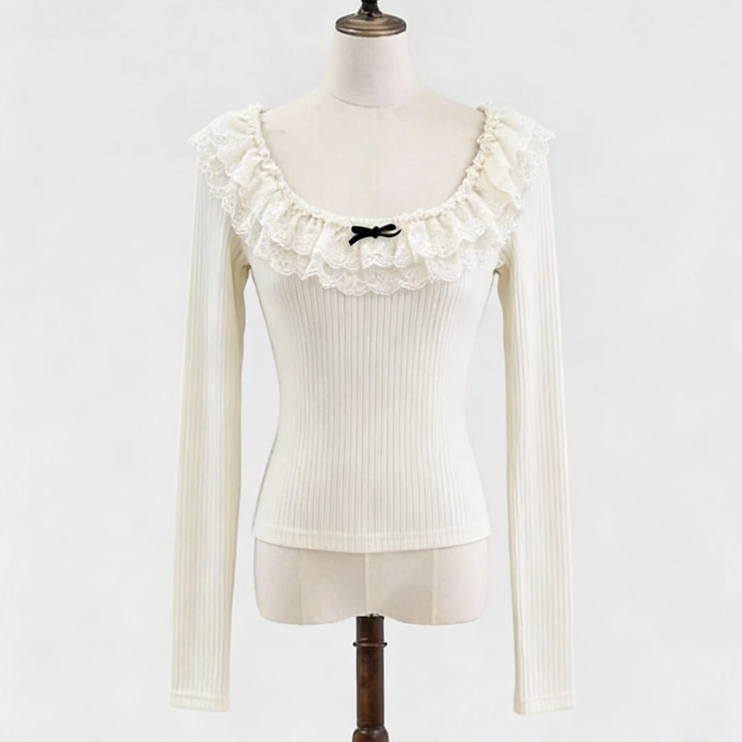 冬上新U领蕾丝边收腰上衣打底衫