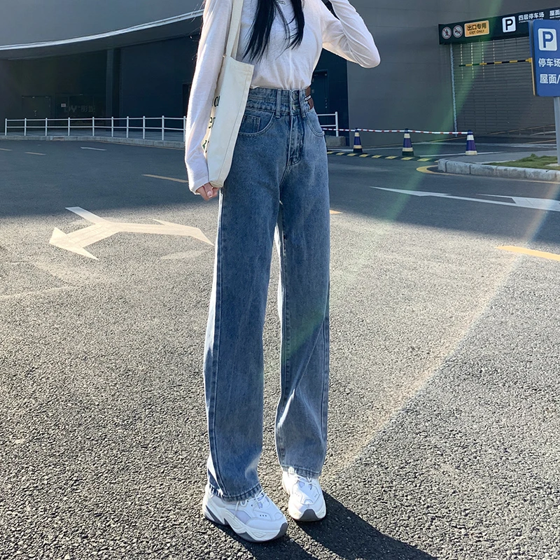 浪莎窄版宽松阔腿牛仔裤女爆款小个子女孩高腰通勤修身直筒裤子