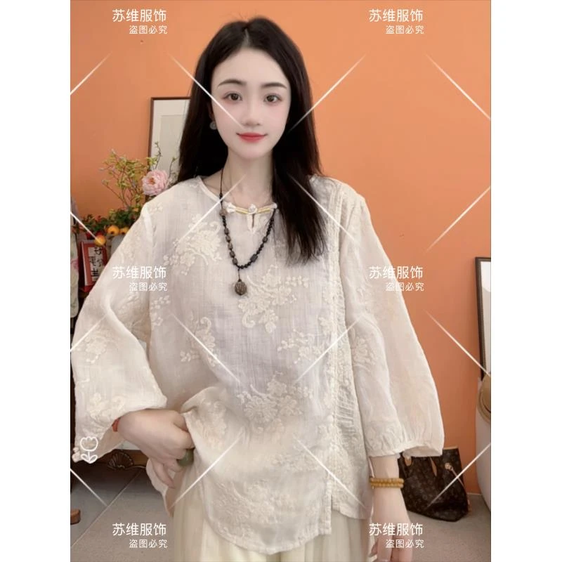 8183新中式苎麻重工刺绣圆领盘扣气质温婉清夏季上衣