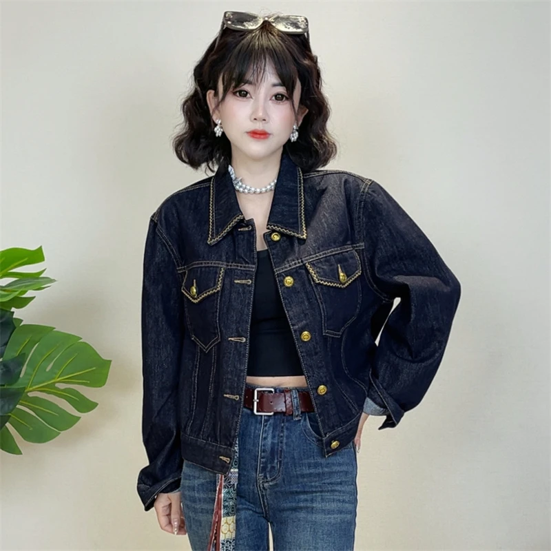 迪否时尚明线翻领牛仔外套女秋季2025休闲百搭夹克上衣2236