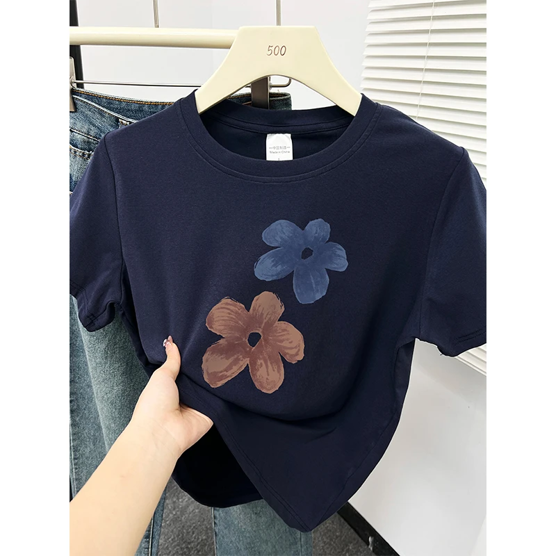 正肩短袖T恤女夏季韩版时尚大码百搭花朵印花胖mm显瘦圆领上衣服