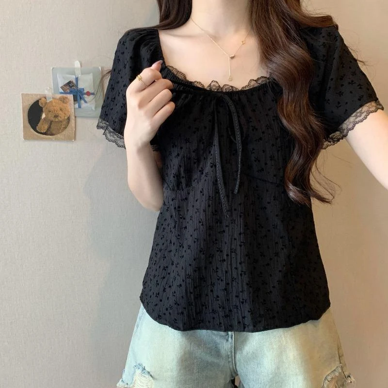 GiftPalm设计感法式蕾丝系带方领短袖t恤女夏季大码遮肚显瘦上衣