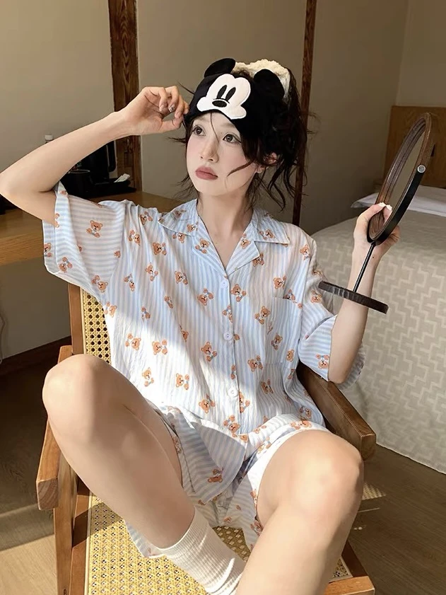【蓝条纹熊】新款可爱小熊睡衣女夏季学生短袖短裤套装舒适家居服