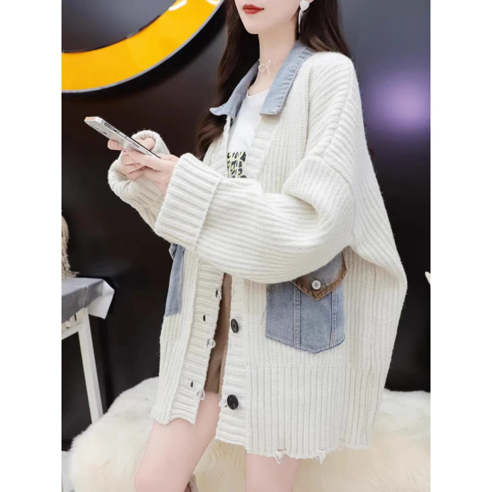 复古中长款时尚破洞外套女2024秋冬新款宽松休闲慵懒风开衫设计感