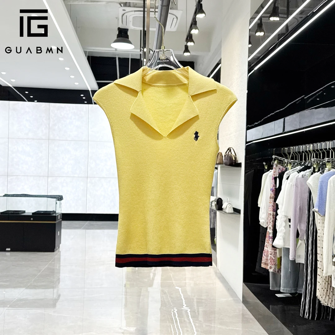 GUABMN2025夏季新品刺绣短袖针织衫修身显瘦上衣夏日穿搭5380