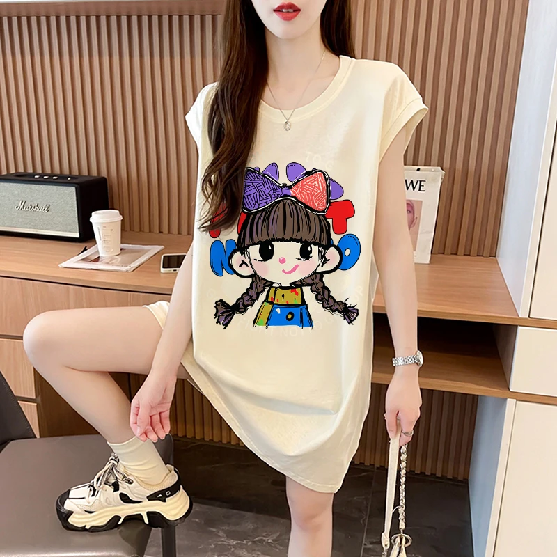夏季时尚潮流百搭无袖背心女韩版宽松大码中长款卡通洋气显瘦T恤