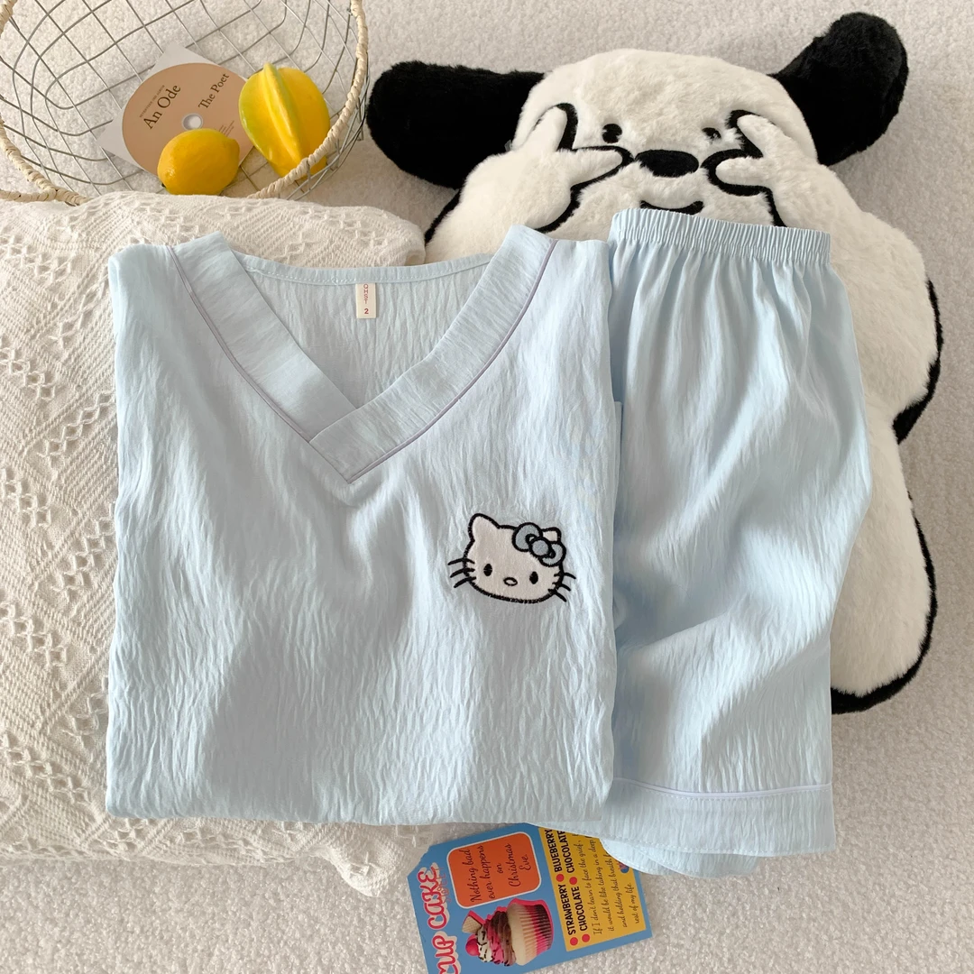 卡通睡衣女士夏季新款短袖短裤少女V领夏天套头云朵棉家居服套装