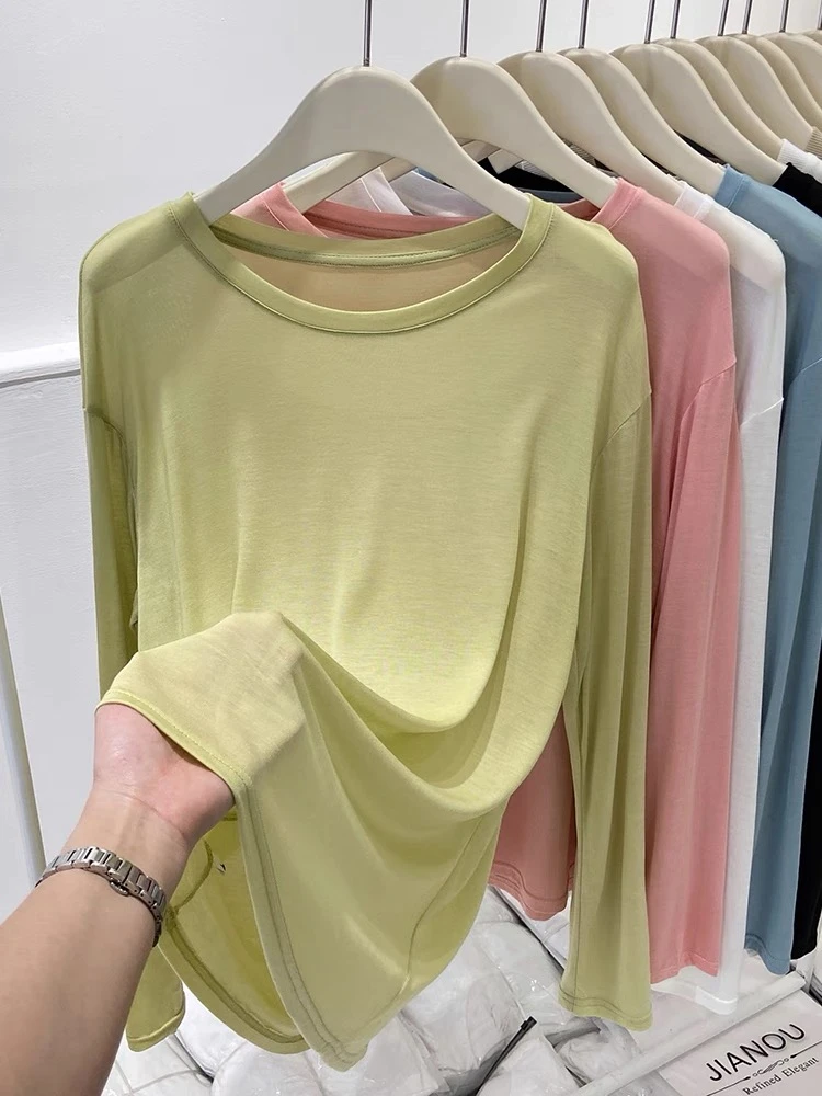 6666 50夏季宽松圆领套头冰丝罩衫长袖T恤薄内搭空调衫