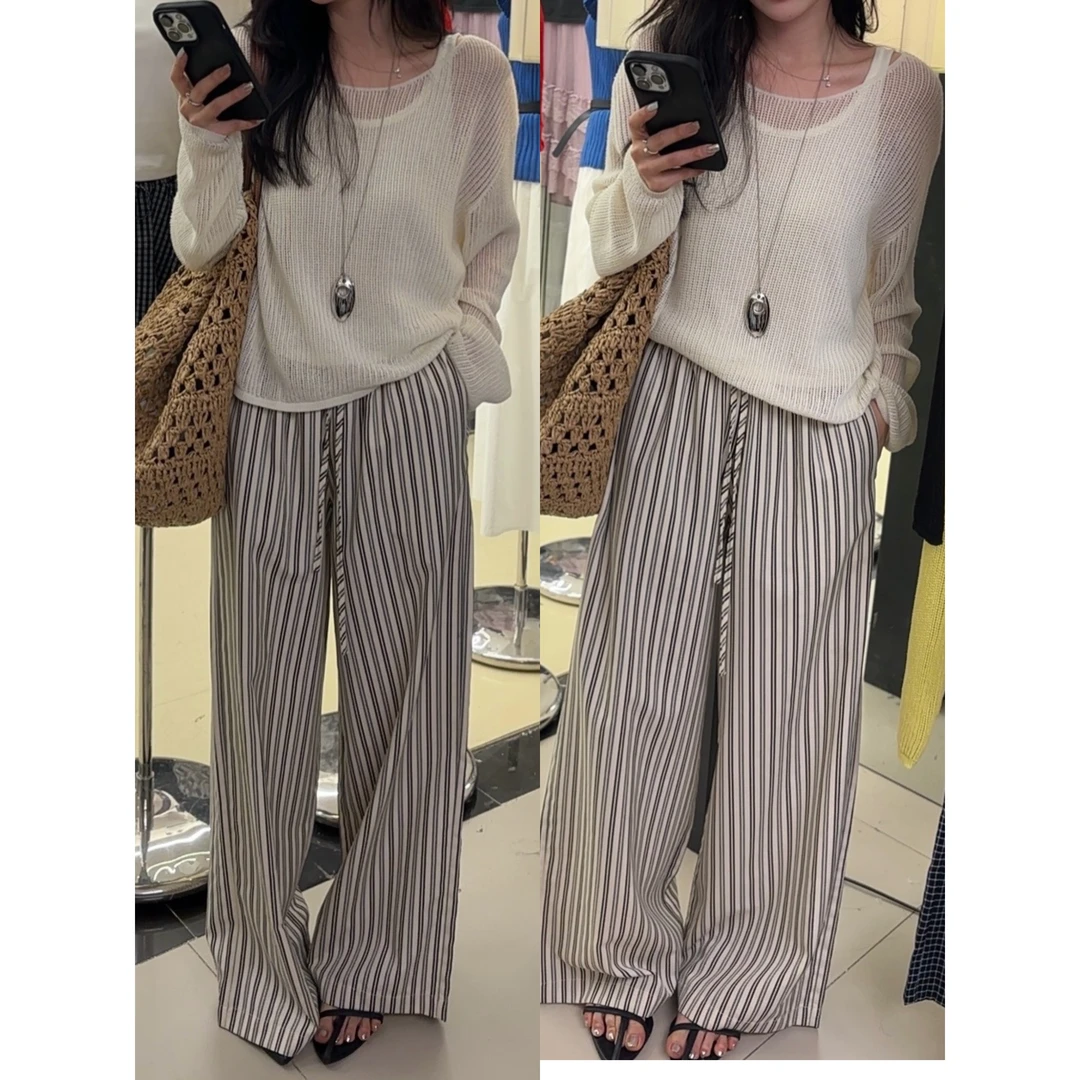 25017#韩系简约慵懒感抽绳宽松显瘦条纹休闲裤