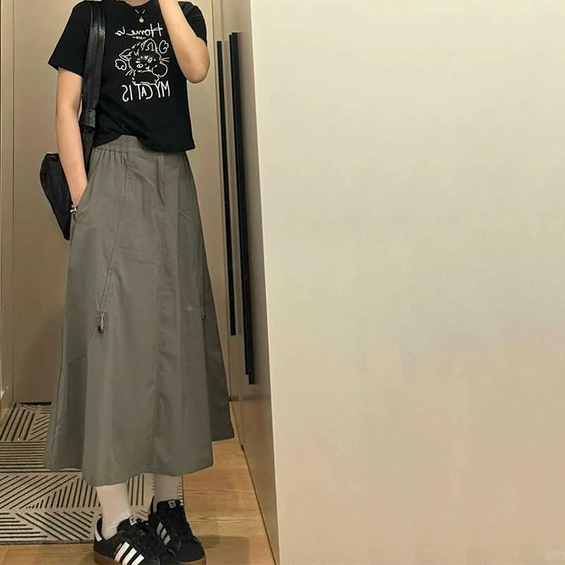 美式复古抽绳伞兵裙女春夏胖mm高腰遮胯显瘦休闲A字工装半身裙子