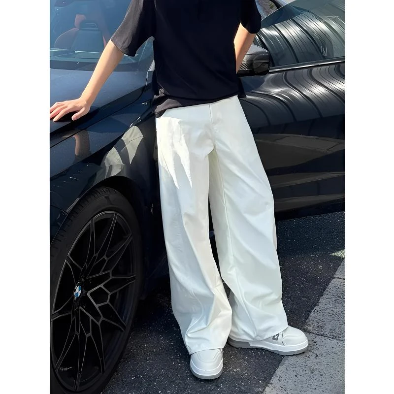 美式高街弯刀白色阔腿裤男秋季cleanfit垂感休闲裤高级感直筒长裤