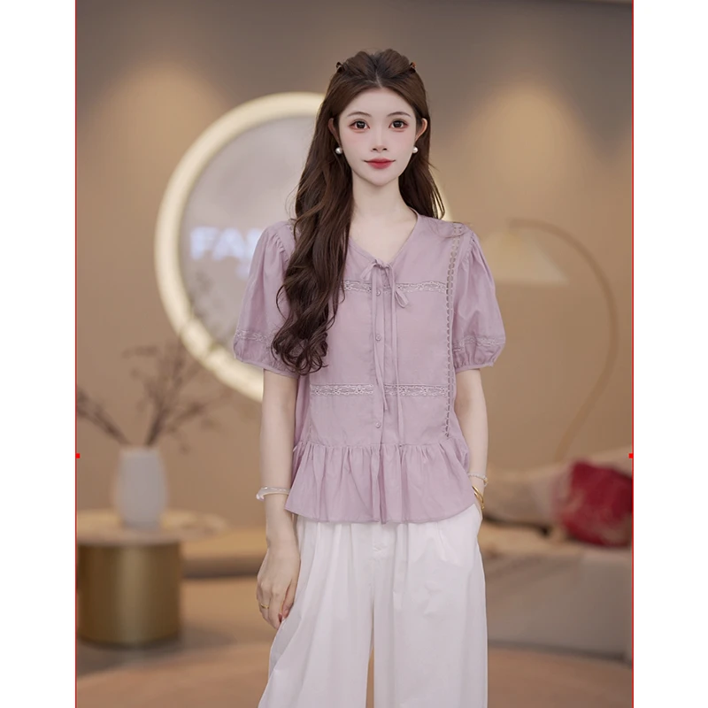 马克华菲女装时尚简约蕾丝花边设计感衬衫系带显瘦上衣舒适透气 X