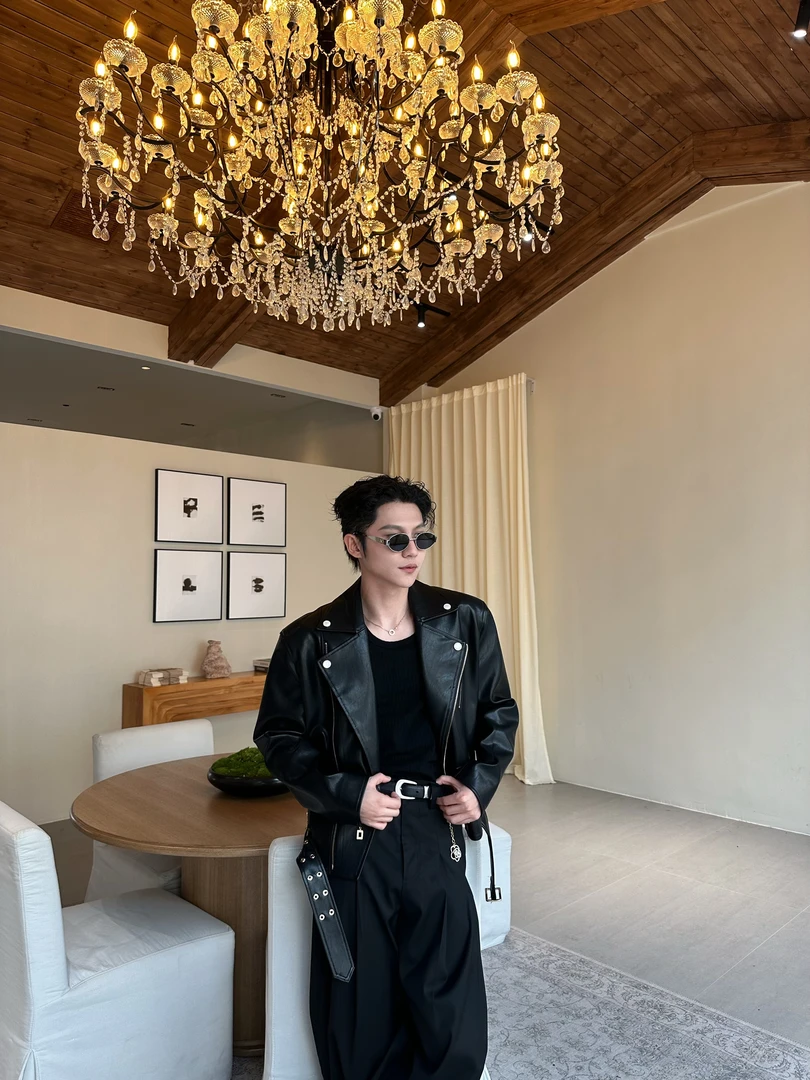 【FANG BH】男士秋冬秀场立体剪裁倒三角廓形短款硬朗痞帅皮衣夹克