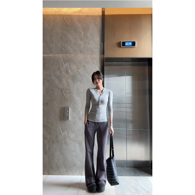 美式复古辣妹半开领灰色内搭打底衫女春秋季修身长袖T恤长裤套装