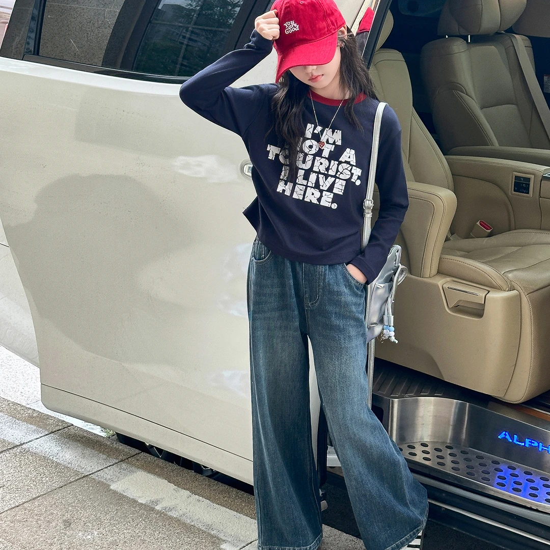 女童秋装套装2025新款韩系中大童破碎感字母印花T牛仔直筒裤套装
