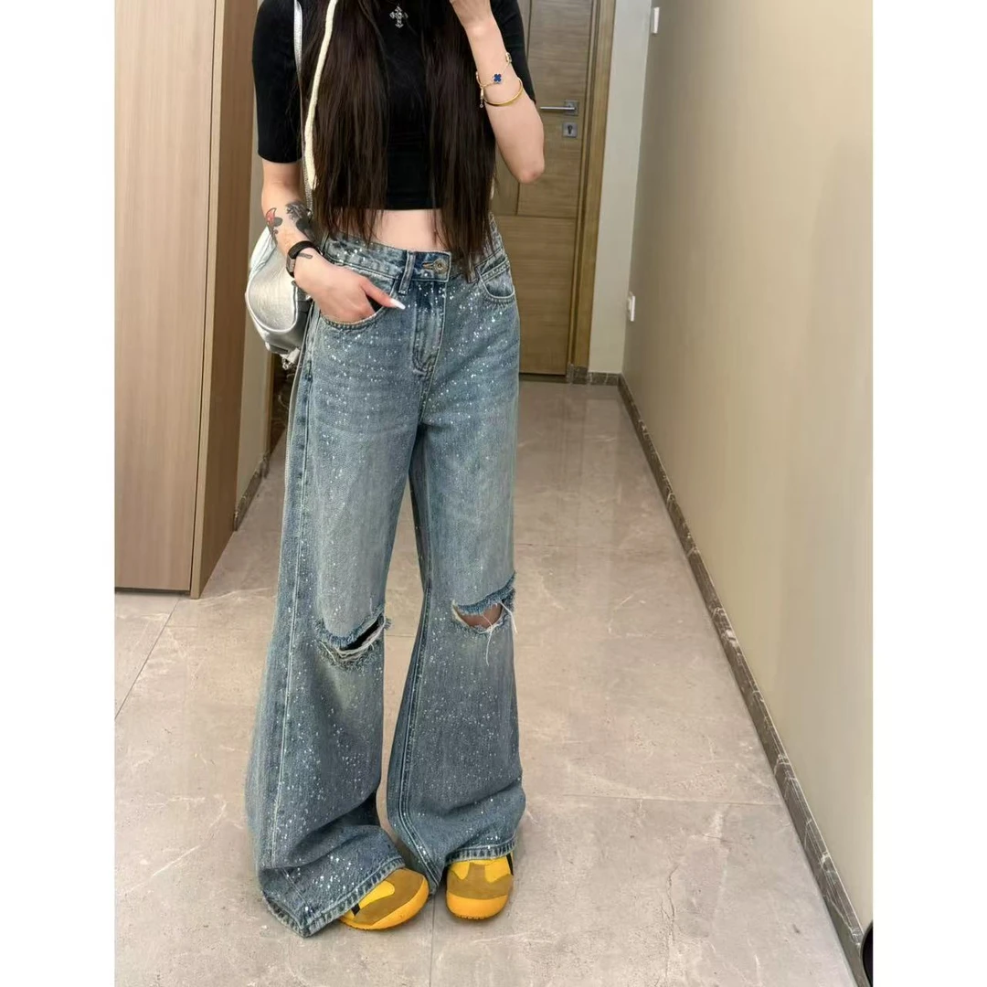 【青青同款】夏季牛仔裤直筒高腰破洞微喇初恋风