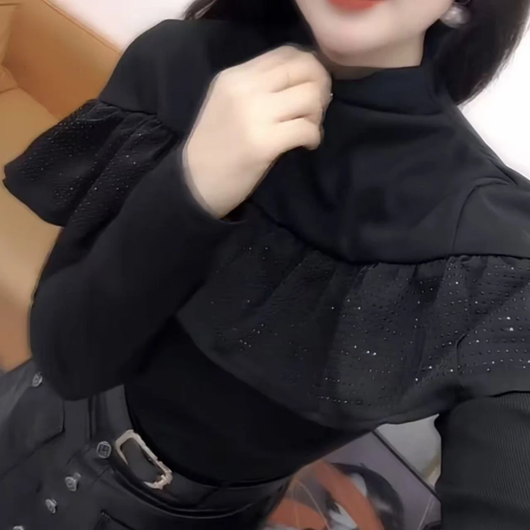 欧货半高领荷叶边烫钻长袖T恤女2025秋冬辣妹修身显瘦打底衫上衣