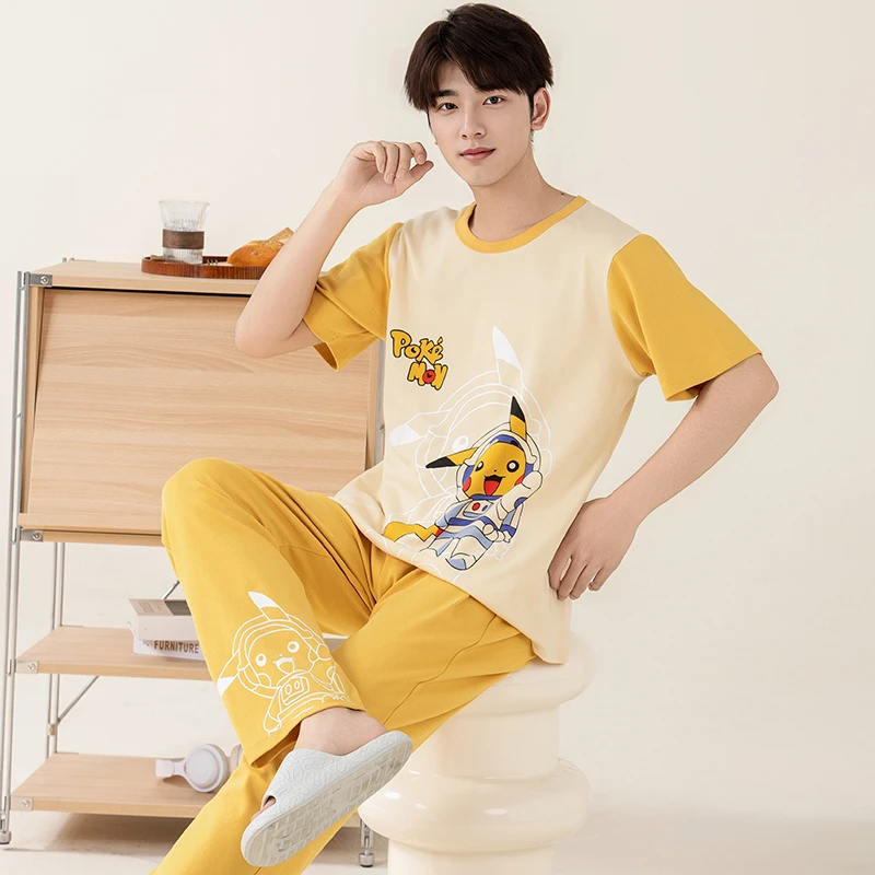 青少年纯棉睡衣夏季薄款男士中学生宽松短袖长裤家居服卡通可外穿