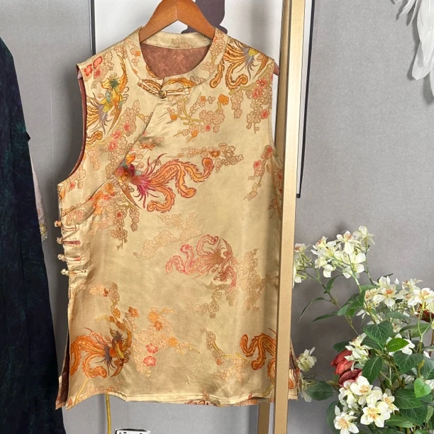 凤凰花开-奥黛夏季新款新中式桑蚕丝复古国风提花无袖上衣