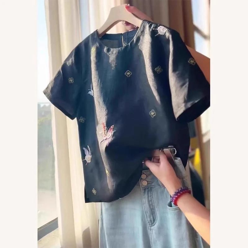 新中式国风蝴蝶刺绣衬衫女2025夏季新款龟裂纹短袖t恤百搭上衣潮