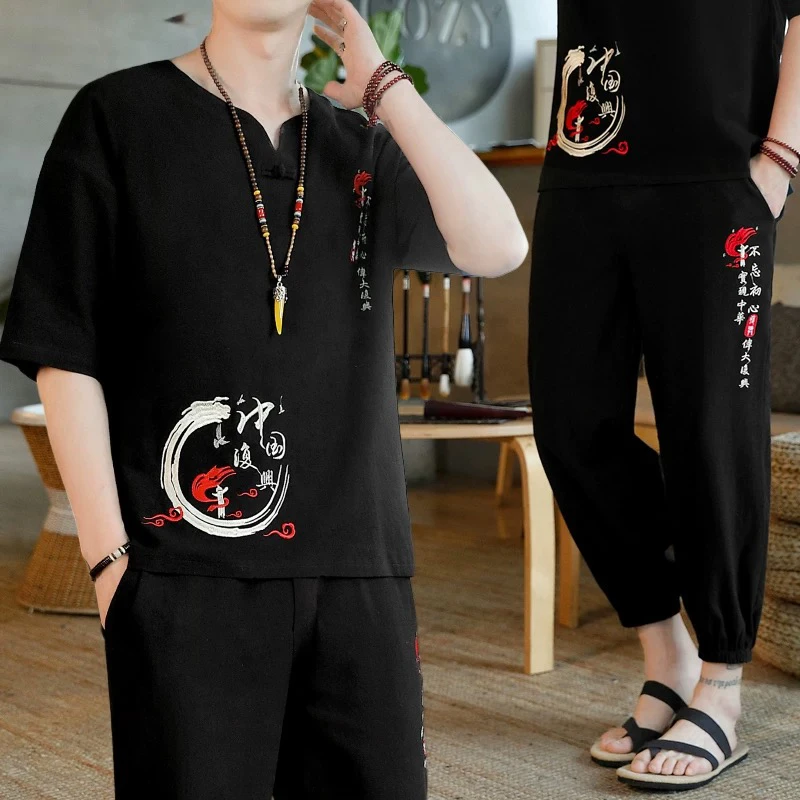 夏季中国风新中式潮牌短袖高端重工刺绣冰凉套装薄款