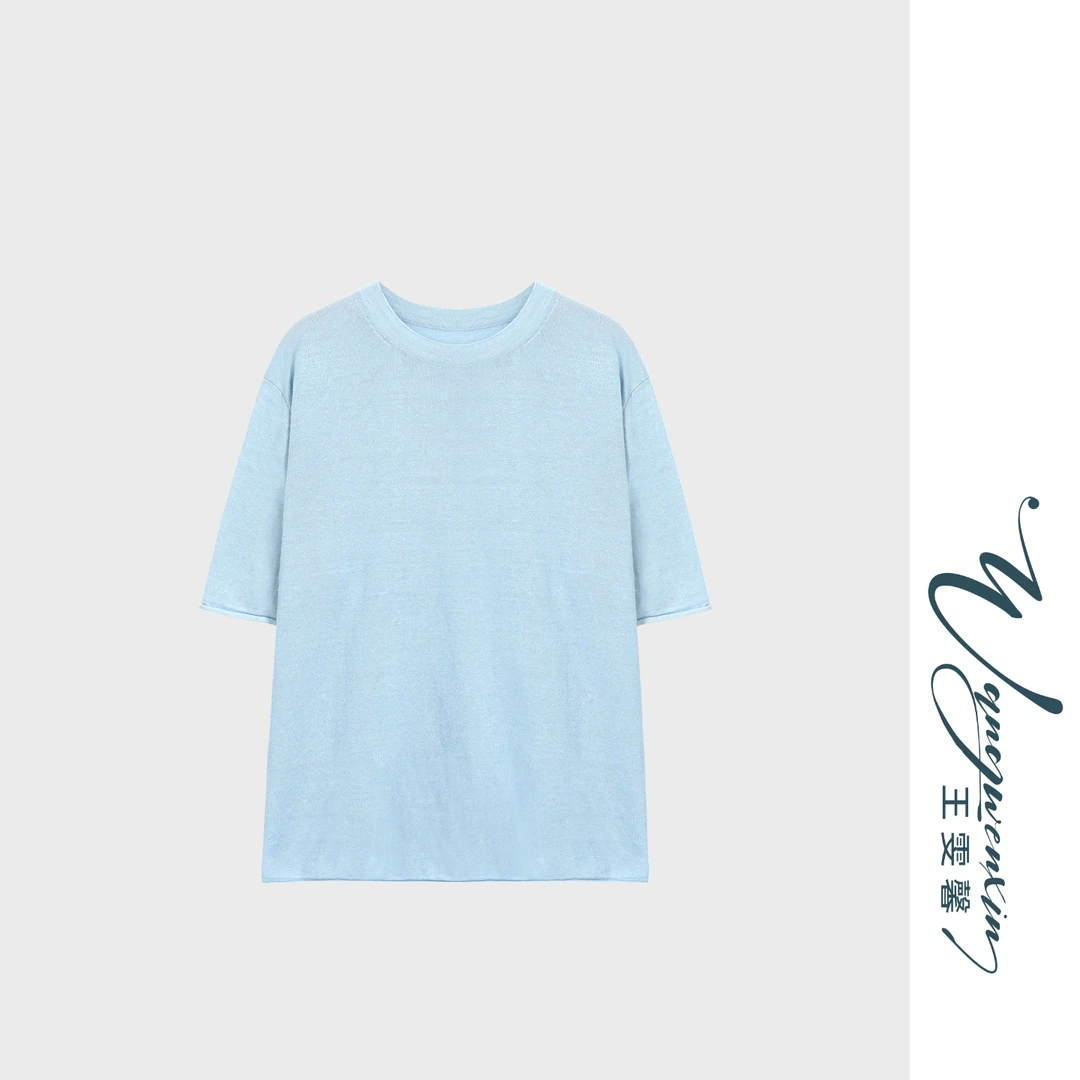 【王雯馨】“京都空氧”卷边设计感亚麻纯色圆领休闲舒适百搭女上衣