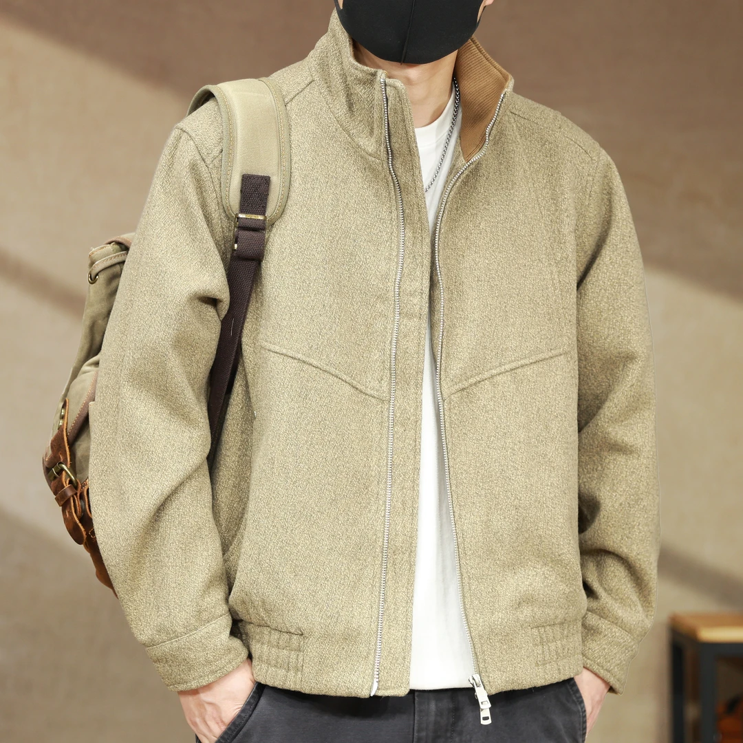 美式复古立领麻料呢子外套男春秋季新款潮牌百搭宽松休闲夹克上衣