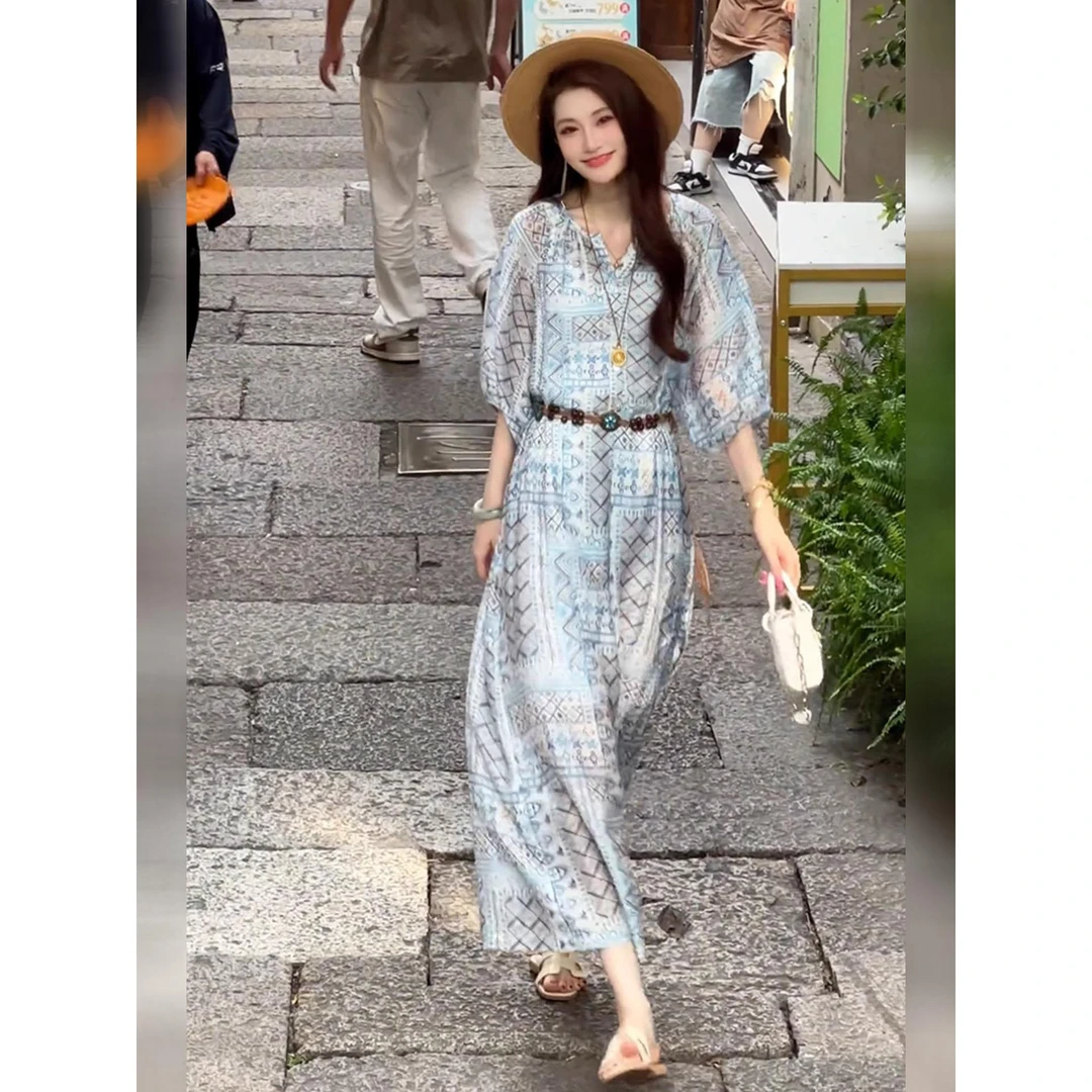 海边度假印花雪纺连衣裙2025新款今年流行爆款夏天巨好看气质裙子