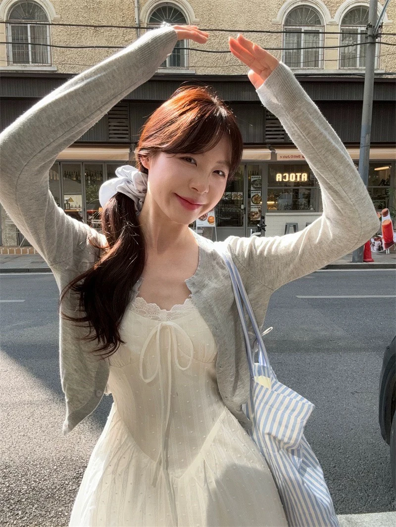 温柔风白色韩版刺绣针织衫蕾丝连衣裙短款长袖开衫时尚套装