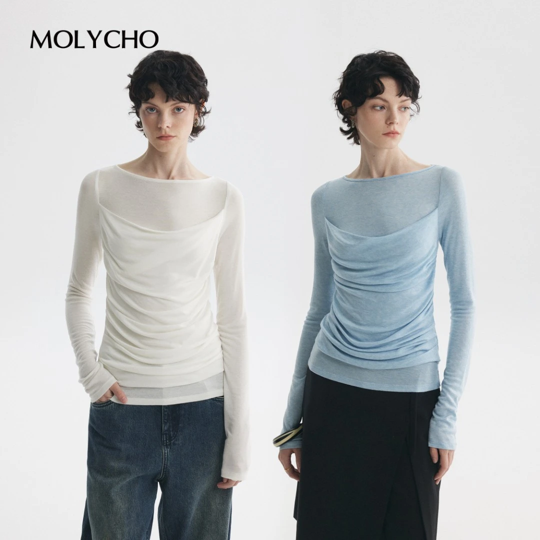 MOLYCHO｜轻透裸感_假两件荡领长袖T恤女/褶皱设计感修身亲肤上衣