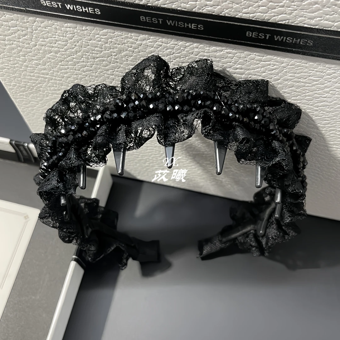 新款轻奢高级感编织麻花辫头箍黑色蕾丝加长齿缠绕水晶发箍发卡女