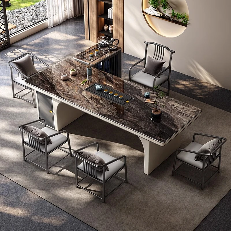 新款简约奢石岩板茶桌椅组合高级办公室茶台客厅家用一桌五椅茶几