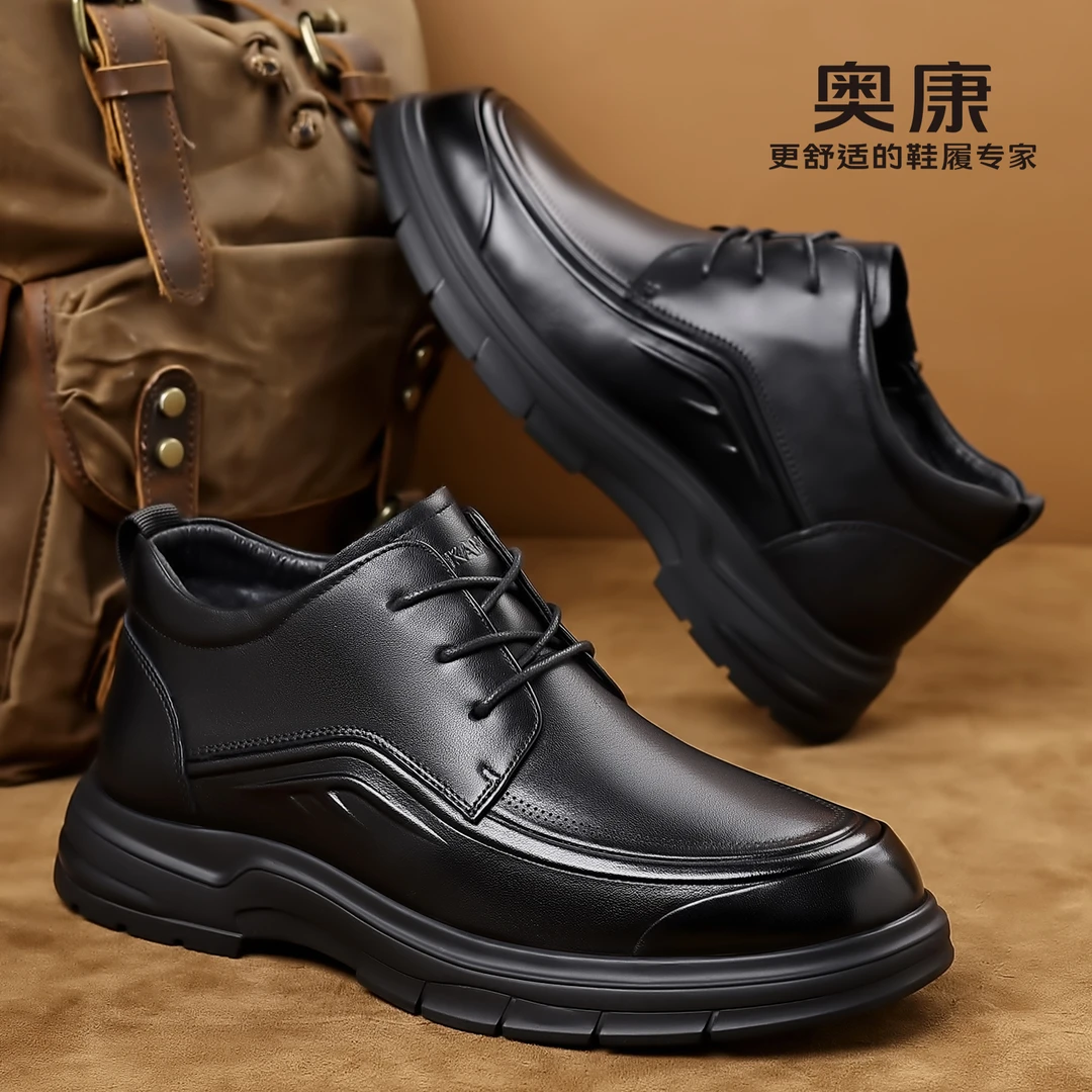 【加绒】奥康男鞋商务正装耐磨羊羔毛真皮皮鞋头层牛皮1255014090R