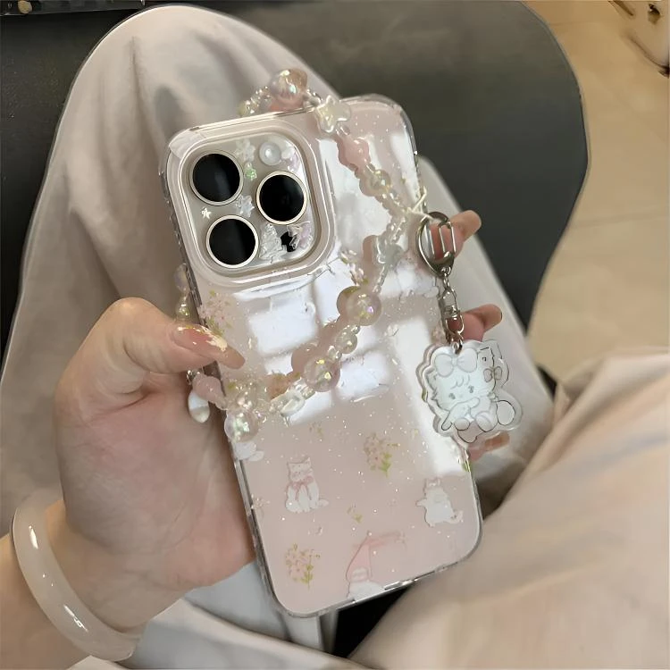 ins小清新闪粉碎花小粉猫适用苹果16promax手机壳15pro链条14pro
