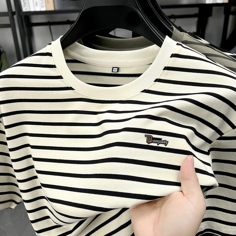 时尚半袖运动男士常规夏季宽松短袖潮流条纹圆领T恤休闲上衣男