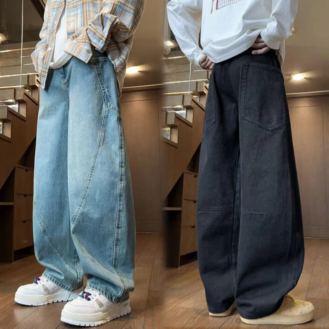 秋季牛仔裤男款弯刀美式设计感阔腿直筒宽松垂感复古美式男生裤子