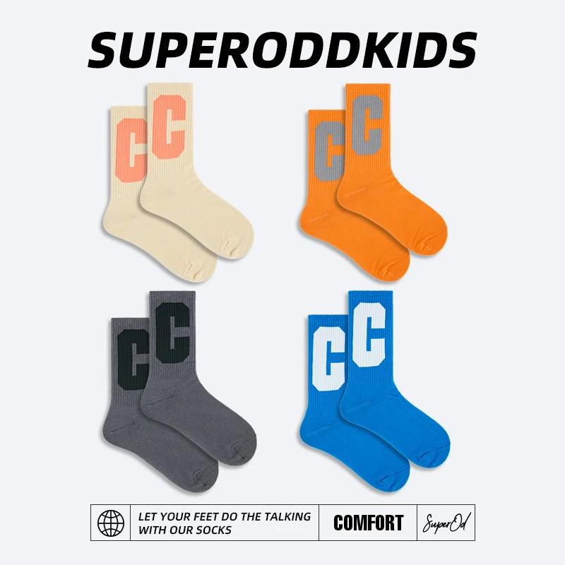 大C字母搭配袜子男女简约中筒袜春秋季纯棉ins潮牌百搭袜子C8610