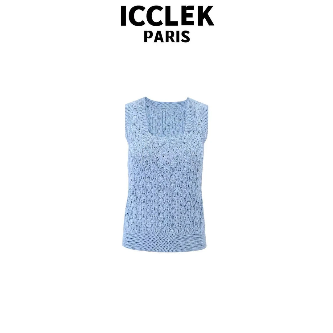 ICCLEK 夏季蓝色镂空方领针织背心百搭显瘦减龄气质名媛上衣-5725