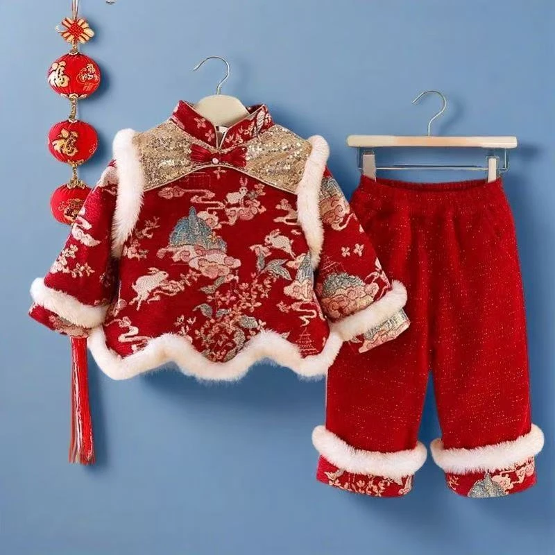 2025冬季儿童新中式拜年服套装周岁服喜庆加绒夹棉加厚日常穿搭